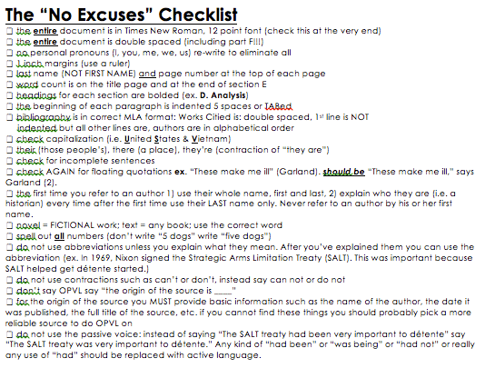 No Excuses checklist